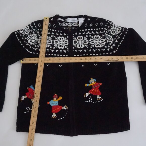 Alfred Dunner Black Knit Ice Skater Ice Rink Festive Ugly Christmas Cardigan S - Picture 3 of 10